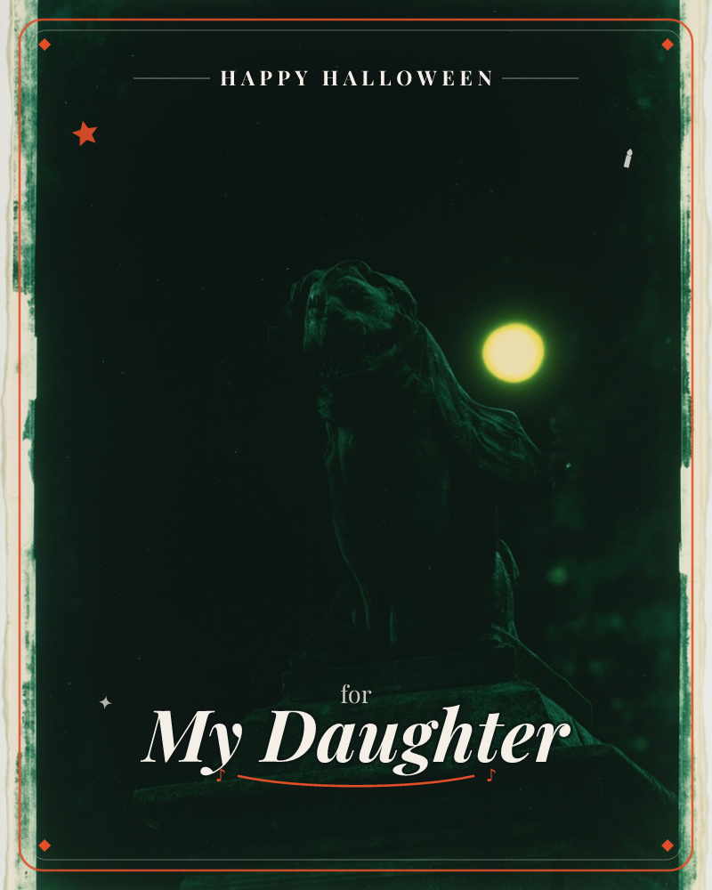 A stone lion statue sits atop its pedestal against a near-black night sky, its silhouette lit faintly from behind by a glowing yellow moon, a halloween e-card design