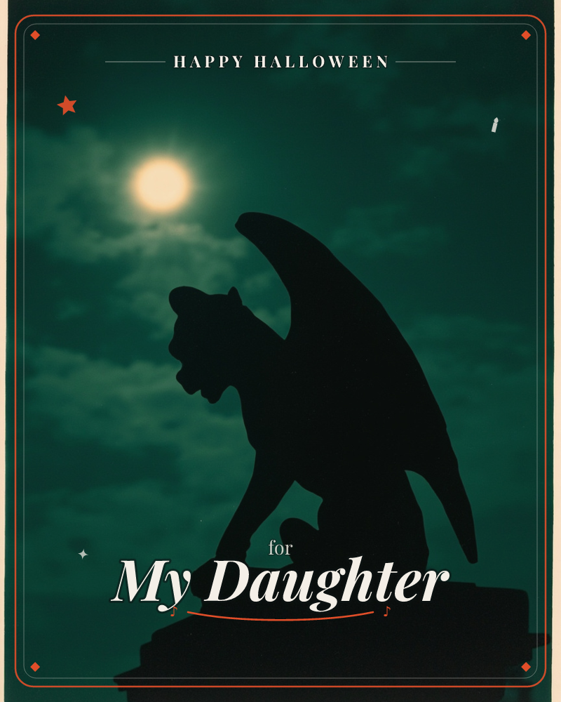 A winged gargoyle statue is silhouetted against a glowing full moon and drifting clouds, its stone form perched on a rocky ledge with wings raised…, a halloween e-card design