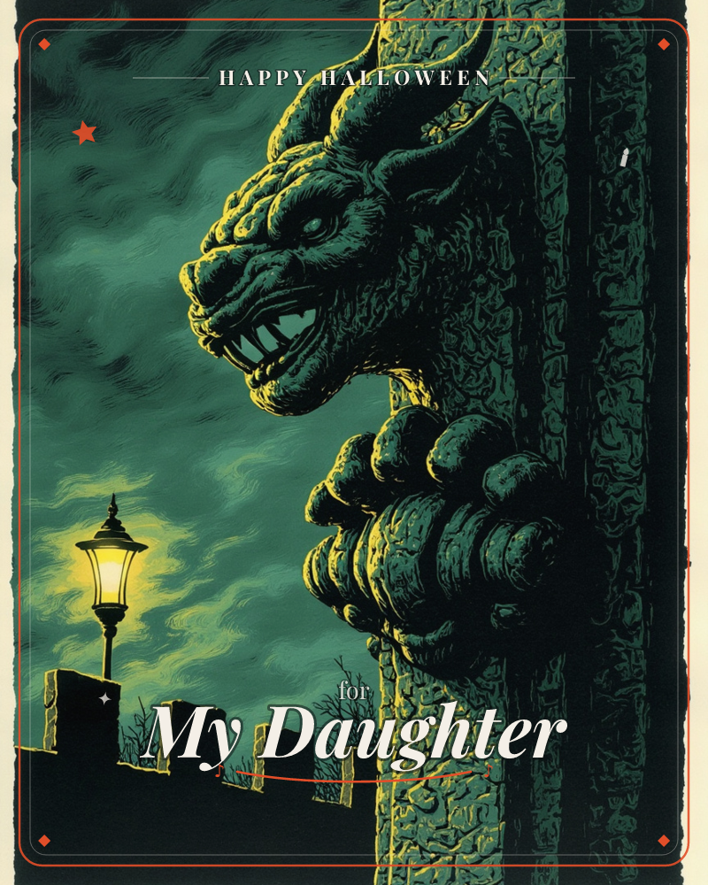 A stone gargoyle with curling horns and bared teeth perches on a carved pillar overlooking a castle parapet, its clawed paw gripping the ledge, a halloween e-card design