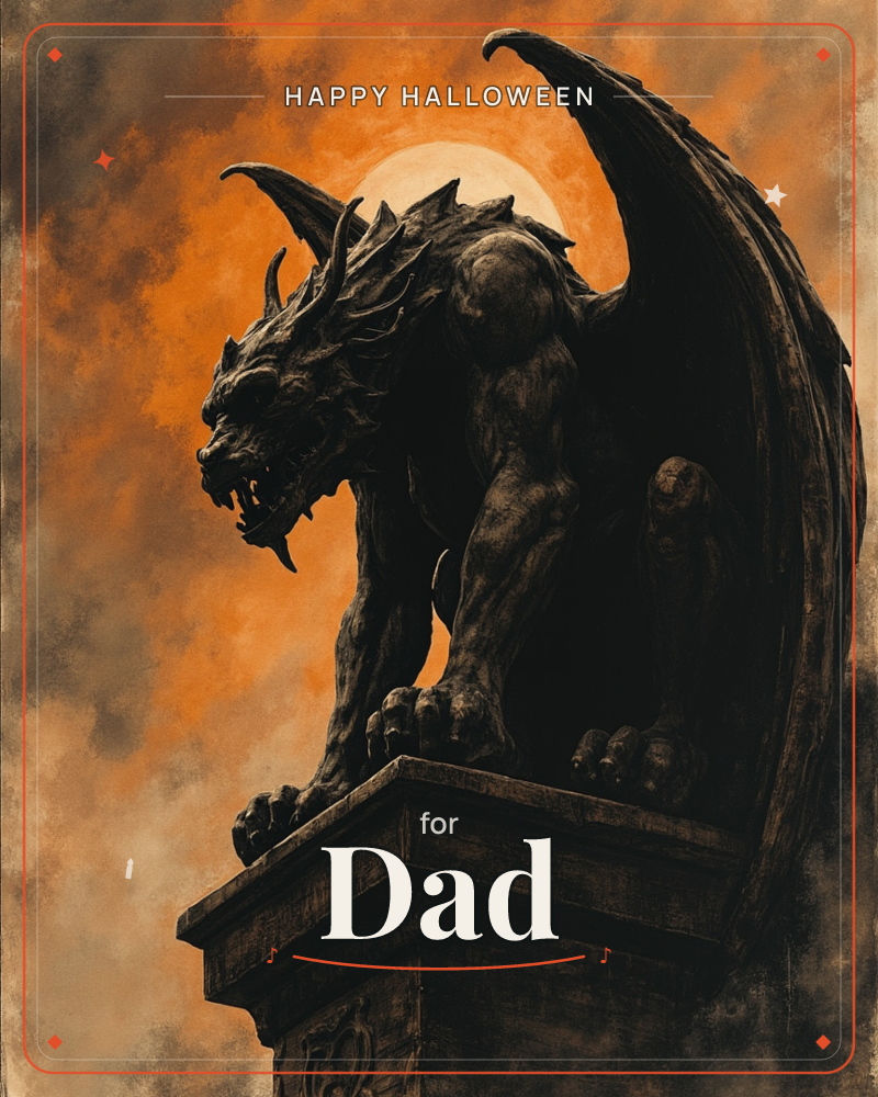 A horned gargoyle crouches on a stone pedestal, wings arched behind it, snarling into a smoky orange sky where a pale moon glows through the haze, a halloween e-card design
