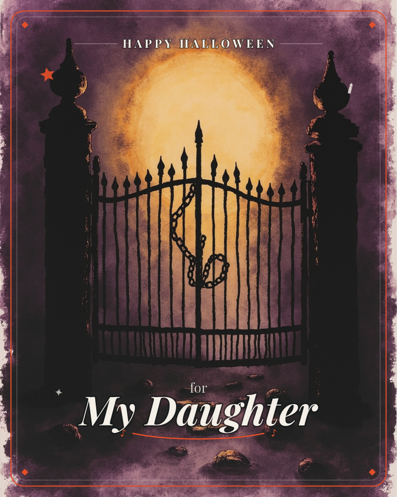 A wrought-iron gate stands wrapped in chain between two stone pillars, silhouetted against a huge glowing moon, a halloween e-card design