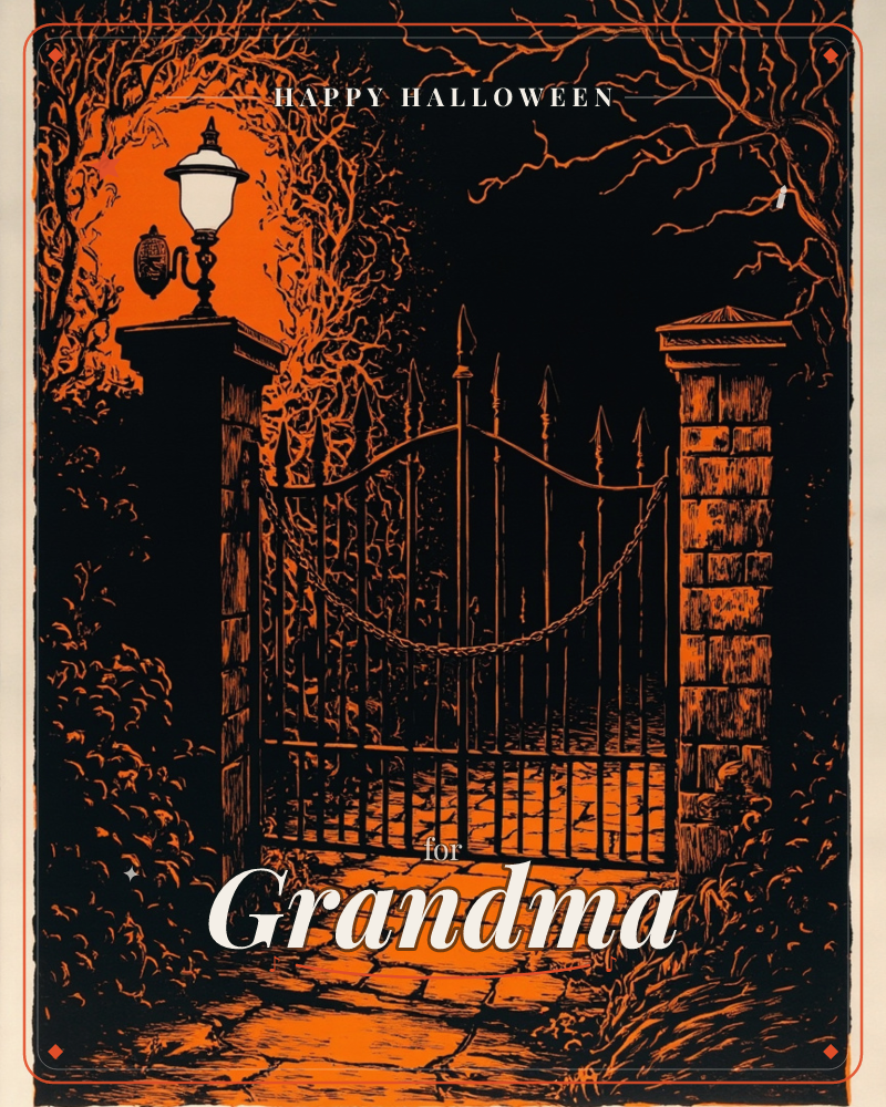 A wrought-iron gate stands closed between two stone pillars, one topped with a lit lantern glowing against bare, twisting branches, a halloween e-card design