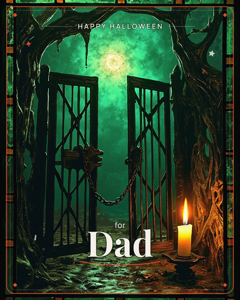 A stained-glass style panel frames an open iron gate flanked by gnarled, twisting trees under an eerie green sky and glowing crescent moon, a halloween e-card design