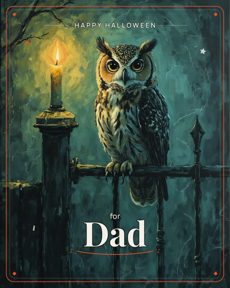 A great horned owl perches on a dark iron fence rail, its amber eyes fixed on the viewer, while a lone candle burns on a stone post beside it, a halloween e-card design