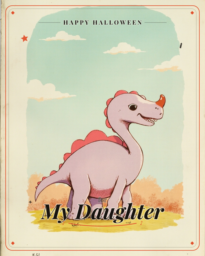 A cheerful lavender-pink dinosaur with a coral horn and scalloped back spikes stands grinning on a patch of yellow-green grass, a halloween e-card design