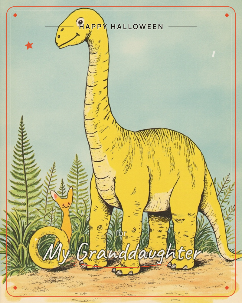 A cheerful yellow long-necked dinosaur stands smiling among ferns and grass, with a small curled-up creature shaped like the letter O peeking out…, a halloween e-card design