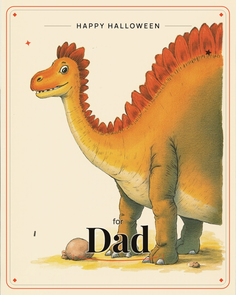 A cheerful long-necked dinosaur in warm orange and yellow stands smiling on a sandy patch, its back lined with a fringe of red spiky plates, a halloween e-card design