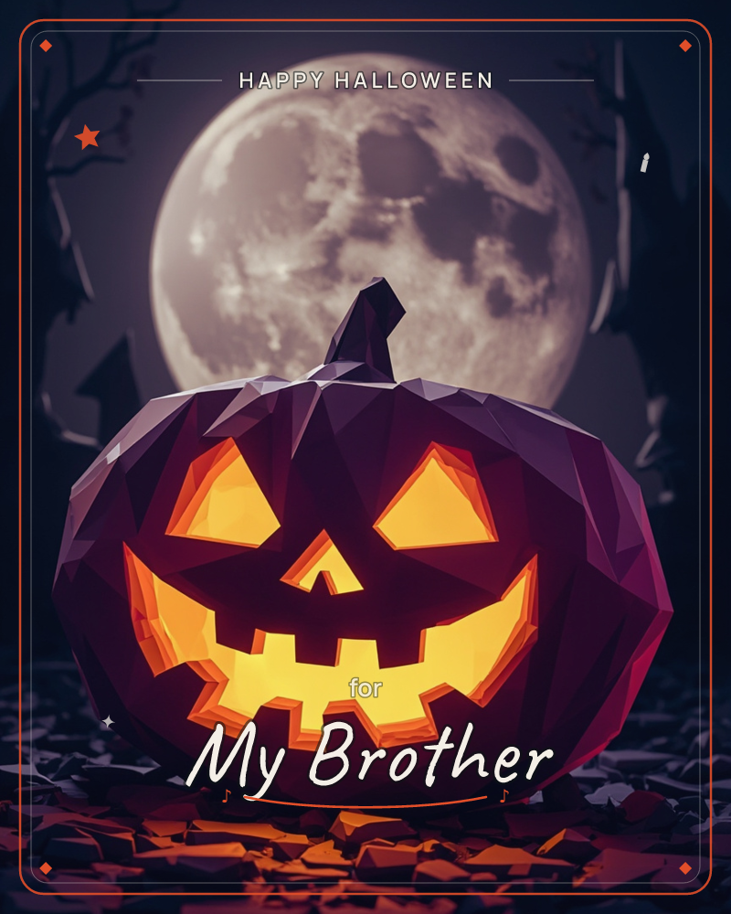 A low-poly jack-o'-lantern glows with orange light from within its carved eyes and jagged grin, set against a huge, glowing full moon and the black…, a halloween e-card design