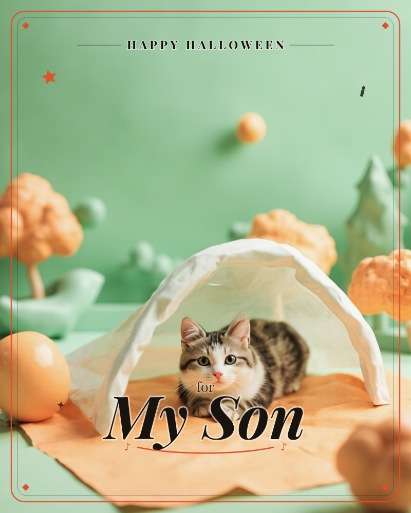 A tabby kitten crouches beneath a paper-fold arch on a peach-coloured cloth, set inside a whimsical mint-green tabletop world of sculpted paper trees…, a halloween e-card design