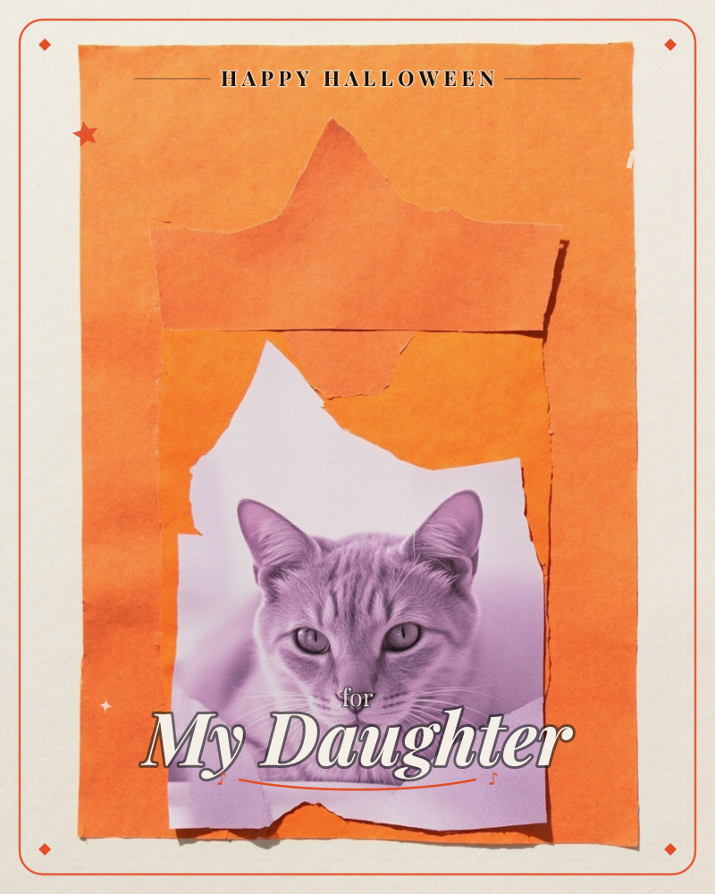 Layers of torn orange paper sit against a cream background, their jagged edges peeling back to reveal a purple-toned photograph of a cat gazing…, a halloween e-card design