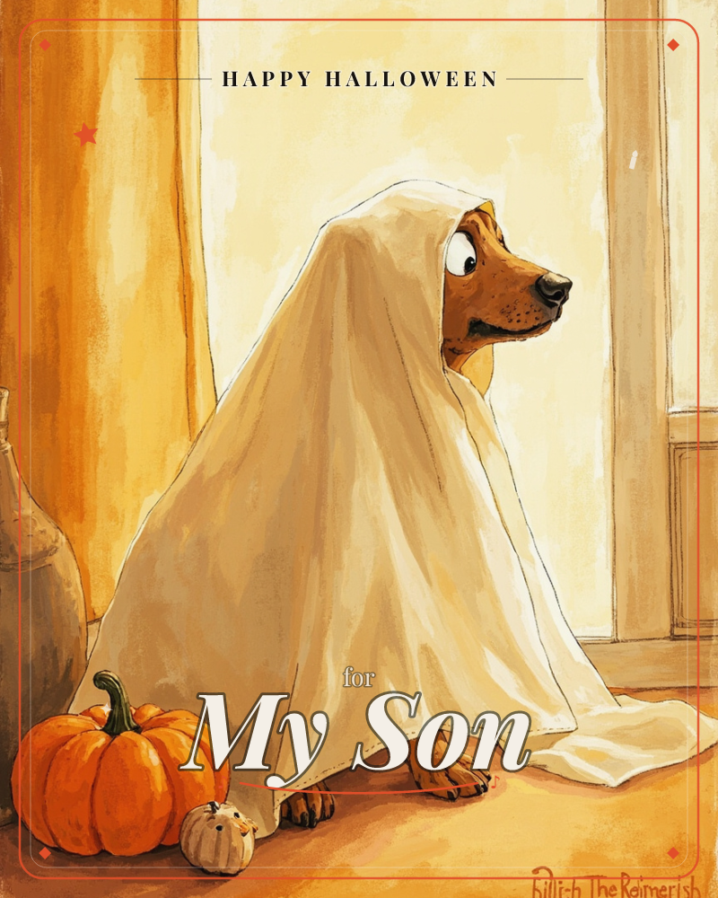A dog sits draped in a white sheet as a makeshift ghost costume, peeking out with wide eyes beside a bright doorway, a halloween e-card design