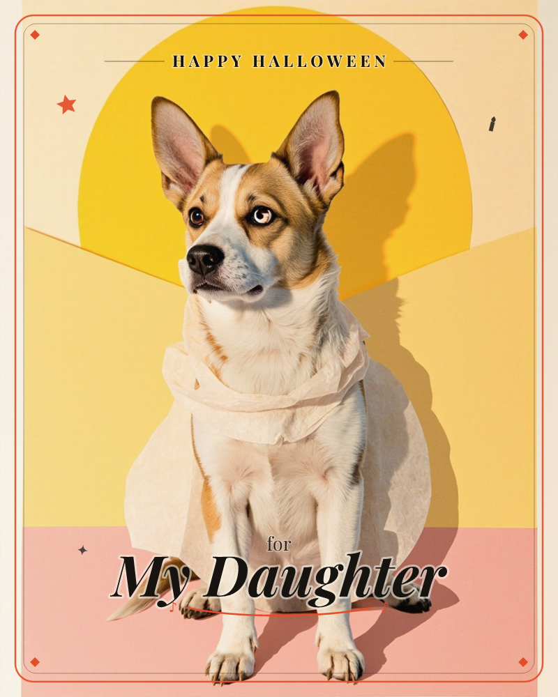 A tan and white dog with tall pointed ears sits alert against a graphic backdrop of a giant golden sun shape, wrapped loosely in a soft cream cloth…, a halloween e-card design