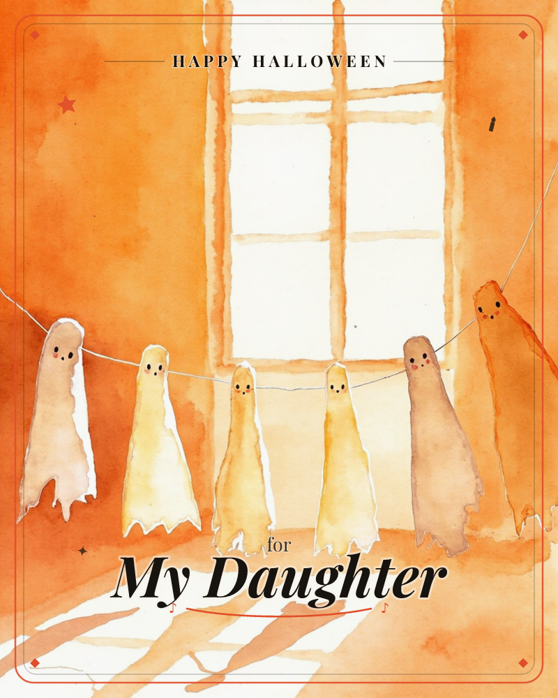 A row of six small ghost cutouts hangs from a string strung across a sunlit orange room, each one a different shade from cream to rust with tiny dot…, a halloween e-card design