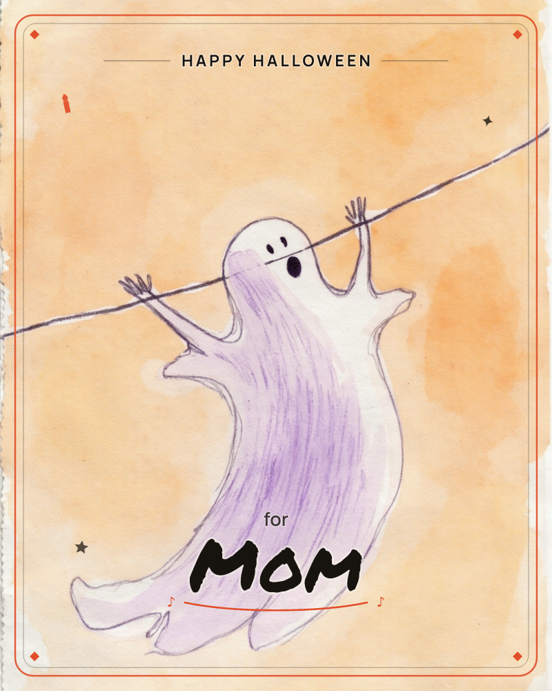 A wide-eyed cartoon ghost dangles from a single dark wire, its purple-shaded sheet swaying beneath it against a mottled orange watercolour wash, a halloween e-card design