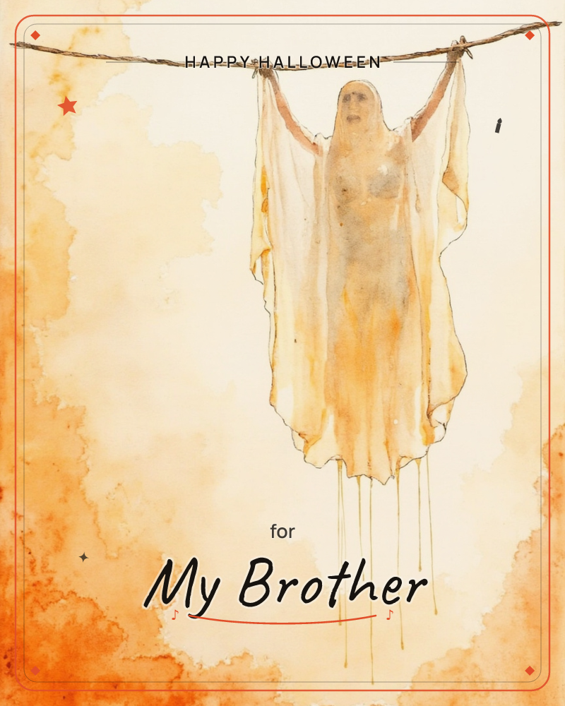 A pale, ghostly figure hangs draped over a thin line strung across the page, like a garment left out to dry, with stained fabric dripping thin threads…, a halloween e-card design