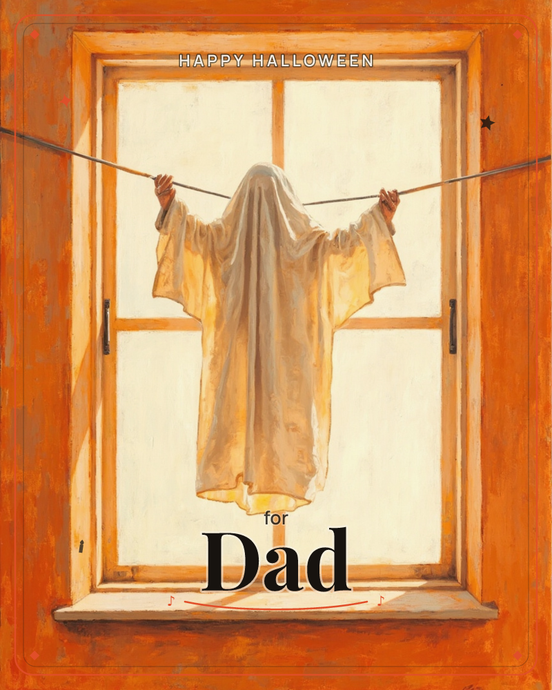 A pale robe hangs pegless from a taut line strung across an open window, its sleeves splayed wide as though gripping the wire, backlit by creamy light, a halloween e-card design