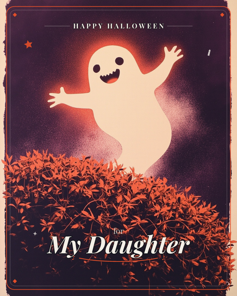 A cheerful cartoon ghost floats above a hedge, arms flung wide and glowing against a deep purple night sky, a halloween e-card design