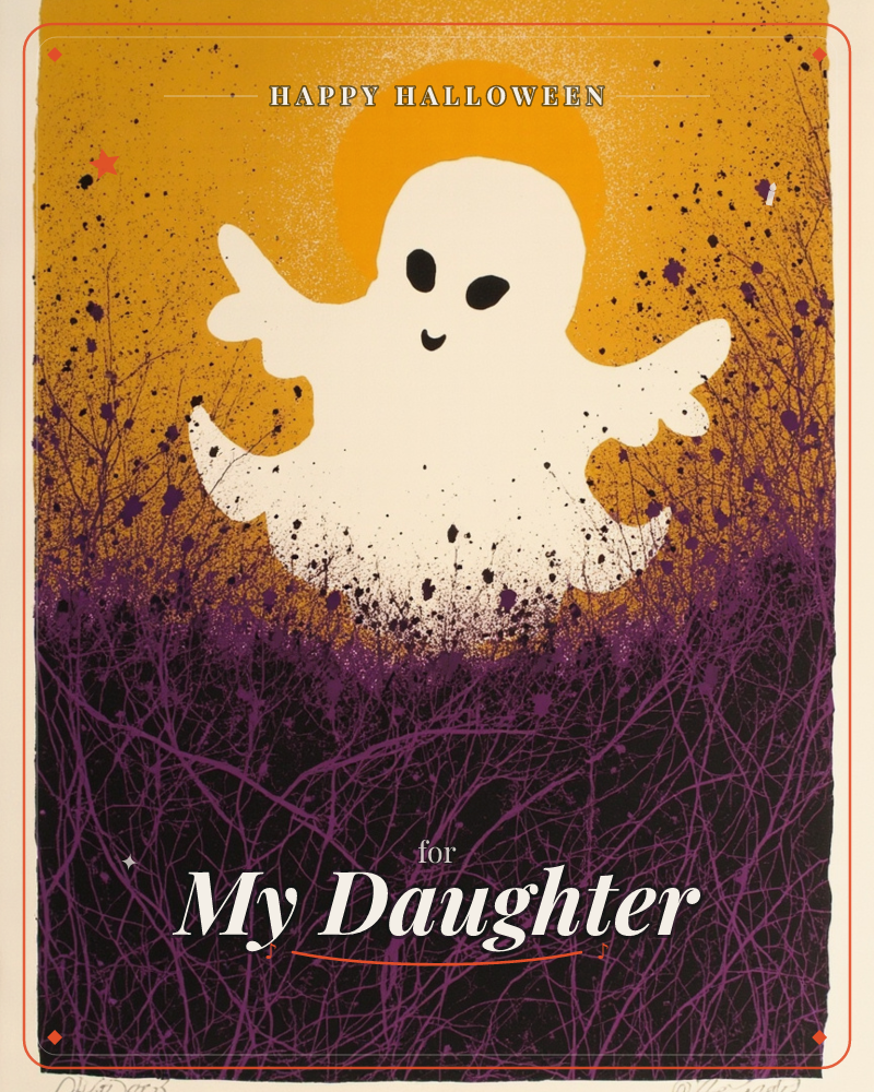 A cheerful white ghost floats above a tangle of purple thorny brambles, its arms outstretched and a glowing orange halo behind its head, a halloween e-card design