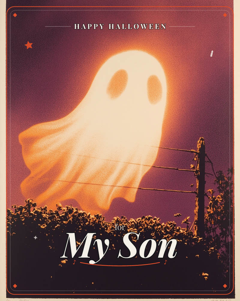 A glowing white ghost floats above a dark hedge and old wooden fence post strung with wire, its sheet-like form lit from within against a deep…, a halloween e-card design