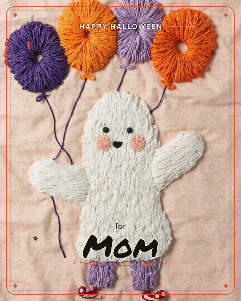 A cheerful little ghost made of looped white yarn holds a bundle of purple and orange yarn-pompom balloons against a soft peach fabric background, a halloween e-card design