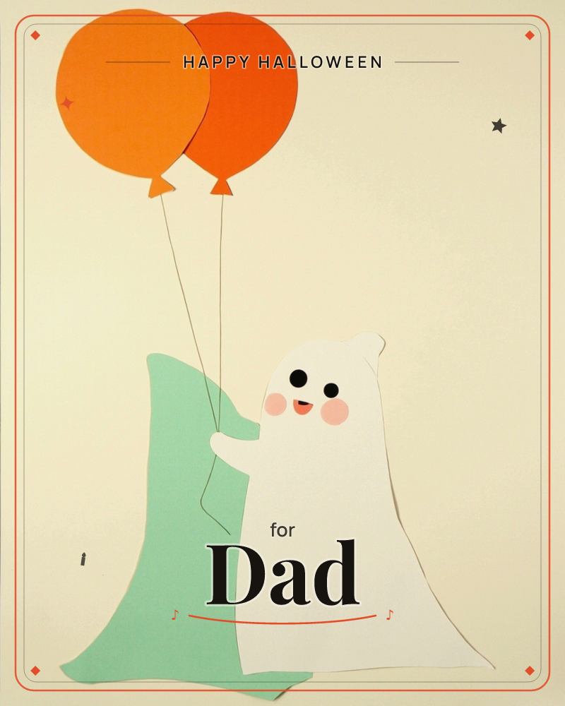 A cheerful paper-cut ghost with rosy cheeks and a wide grin holds two balloon strings against a soft cream background, its pale mint-green companion…, a halloween e-card design