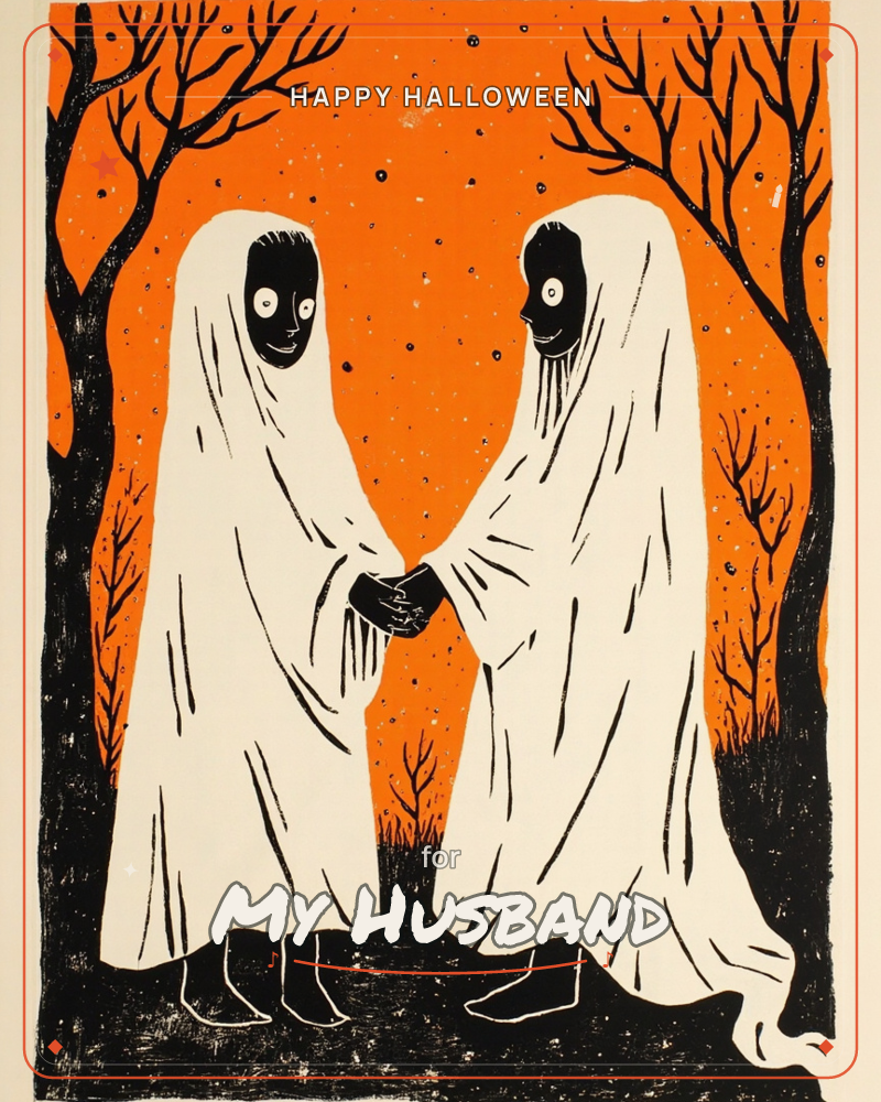Two ghosts draped in white sheets stand holding hands between a pair of bare, gnarled trees, their black-cut eyes and grinning faces lit against a bold…, a halloween e-card design