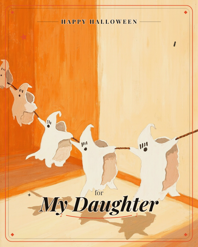 A row of small white ghost figures dangles from a string strung across a corner where two shades of orange wall meet, their pointed hoods and dot eyes…, a halloween e-card design