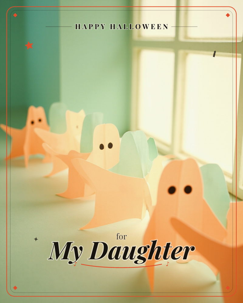 A row of paper-cut ghost shapes in peach and mint stand on a windowsill, lined up like little figures catching the light, a halloween e-card design