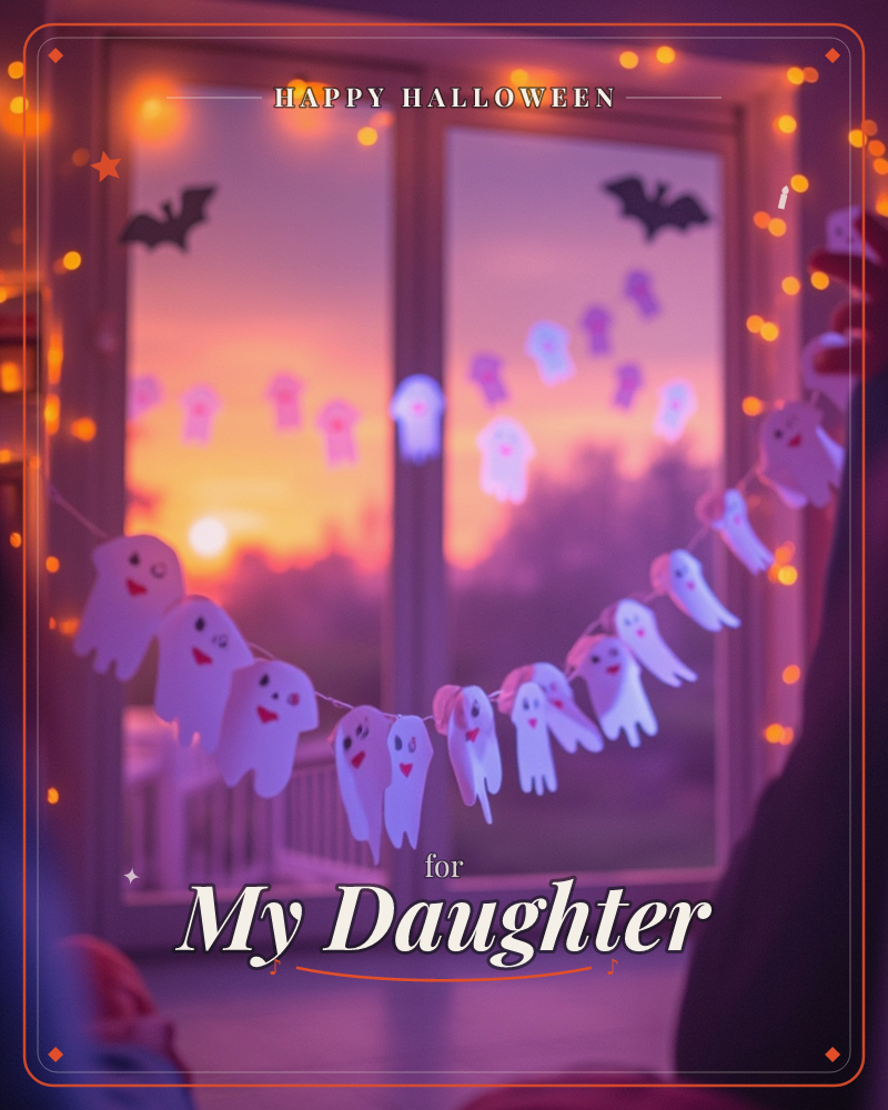 A garland of smiling paper ghosts is strung across a window at dusk, framed by warm fairy lights and two paper bat silhouettes stuck to the glass, a halloween e-card design