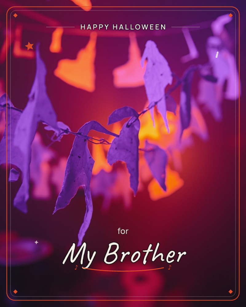 A garland of dried leaves and small paper shapes strung along a wire catches a moody wash of violet and amber light, glowing as if lit from a fire or…, a halloween e-card design
