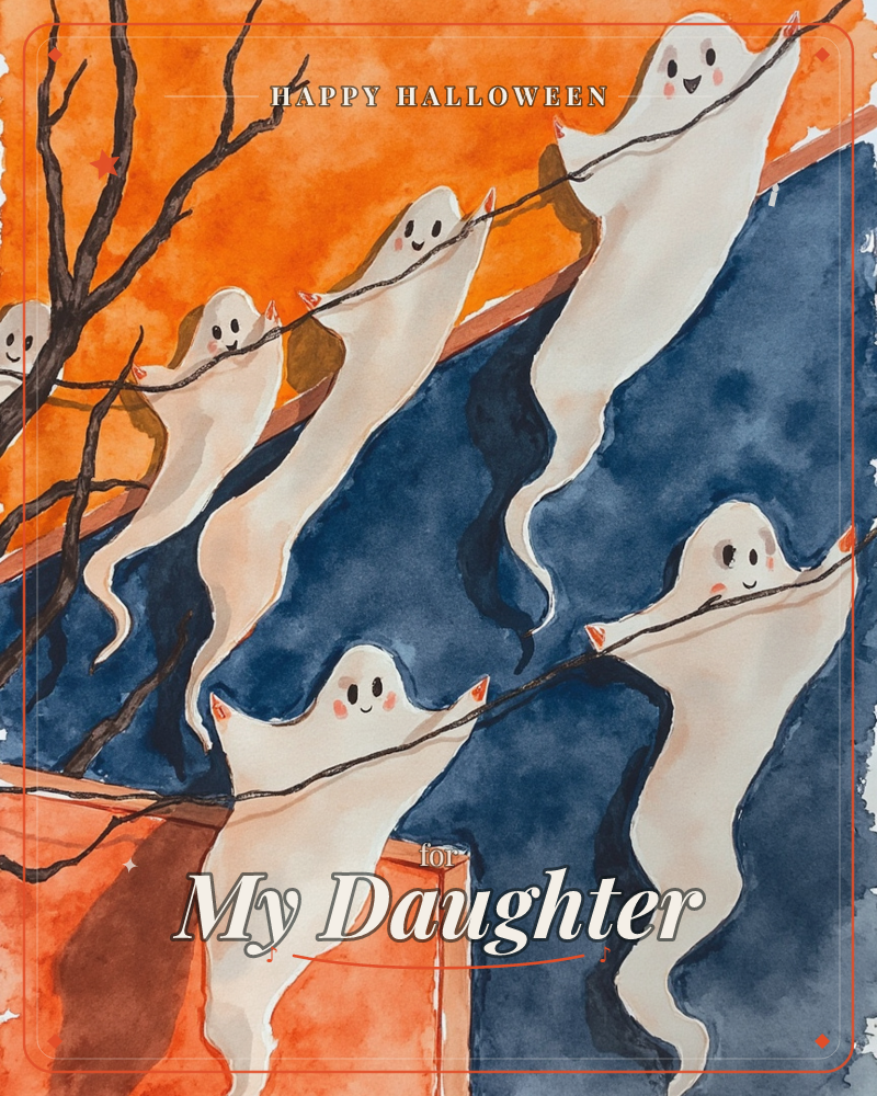 A row of small, smiling ghosts drapes and dangles over a bare, twisting branch, painted in loose watercolour washes against a split background of burnt…, a halloween e-card design