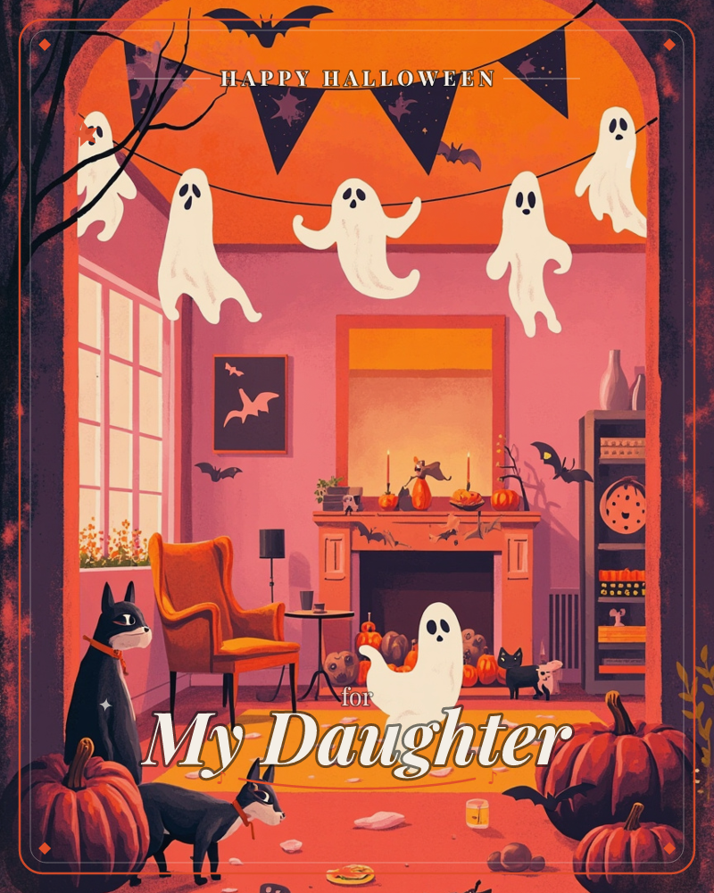 A cosy living room glows in warm orange and pink for Halloween, with a garland of five smiling ghosts and bat-print bunting strung across the ceiling, a halloween e-card design