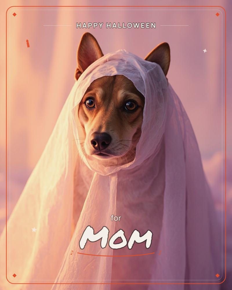 A dog with pricked-up ears peers out from beneath a sheer, gauzy fabric draped over its head like a makeshift ghost costume, a halloween e-card design