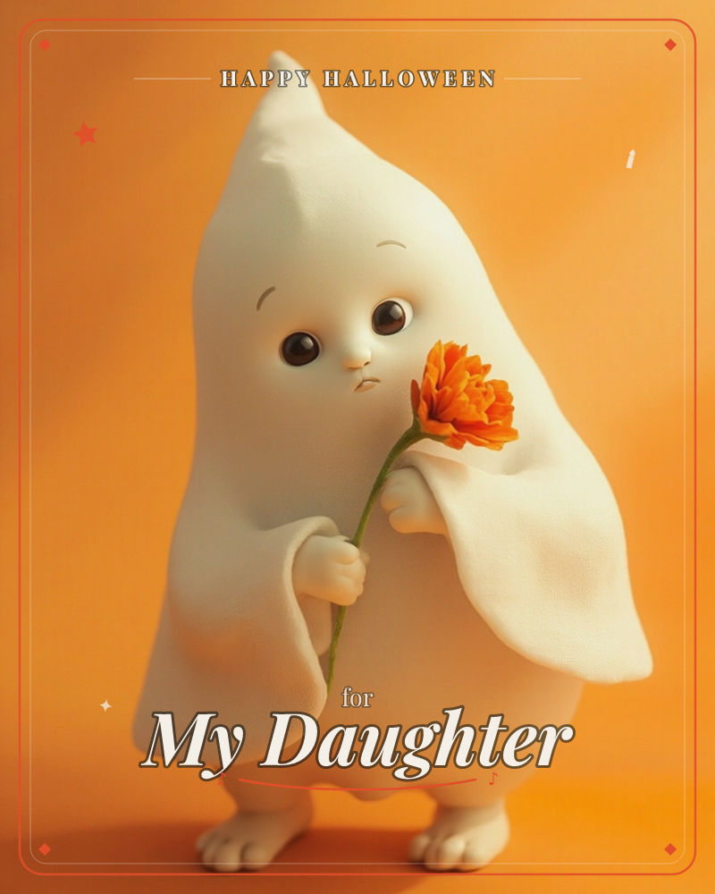 A small, soft-bodied ghost in a draping white sheet stands against a warm orange backdrop, holding out a single marigold bloom with both hands, a halloween e-card design
