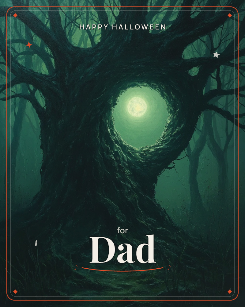 A gnarled old tree dominates a misty forest, its twisted trunk forming a hollow through which a glowing pale moon shines, a halloween e-card design