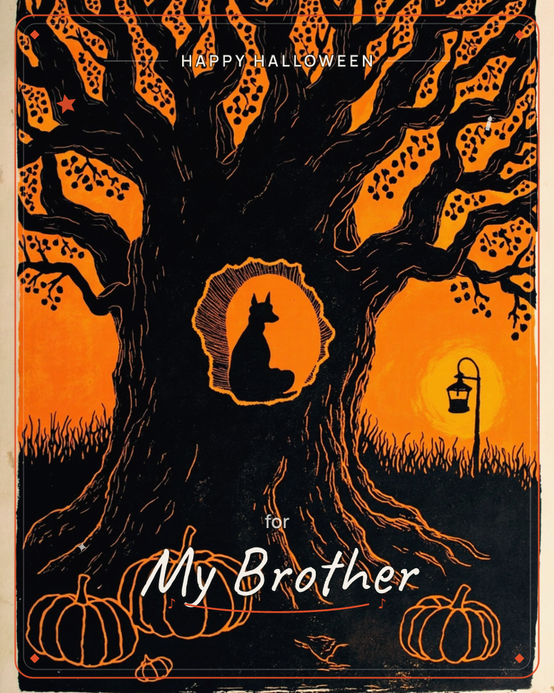 A gnarled, black-branched tree fills the page against a glowing orange sky, its hollow trunk framing the silhouette of a fox curled up inside, a halloween e-card design