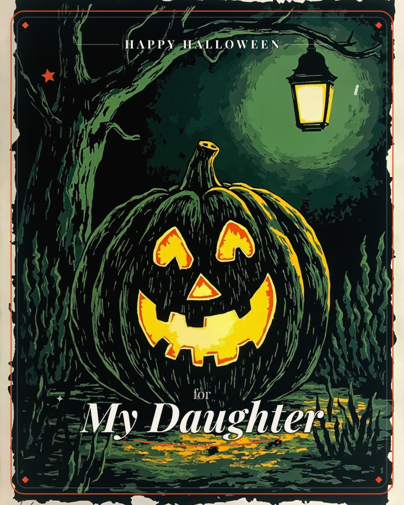 A grinning jack-o'-lantern glows beneath a gnarled bare tree, its carved eyes and mouth lit up amber against a deep green night, a halloween e-card design
