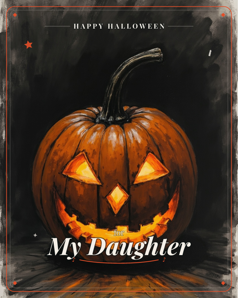 A carved jack-o'-lantern glows against a smoky charcoal-black background, its curling stem twisting upward like a dark question mark, a halloween e-card design