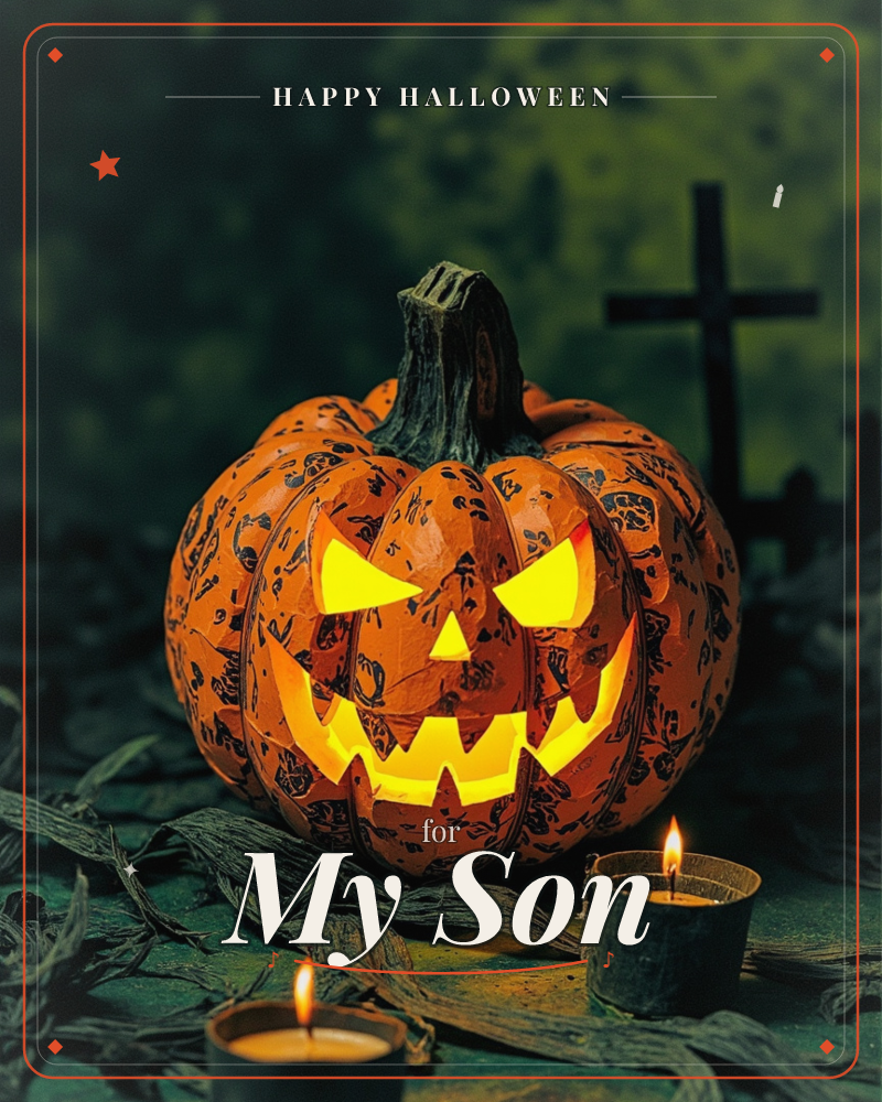 A carved jack-o'-lantern glows fiercely against a hazy green graveyard backdrop, its skull-patterned skin lit from within and a wooden cross looming…, a halloween e-card design