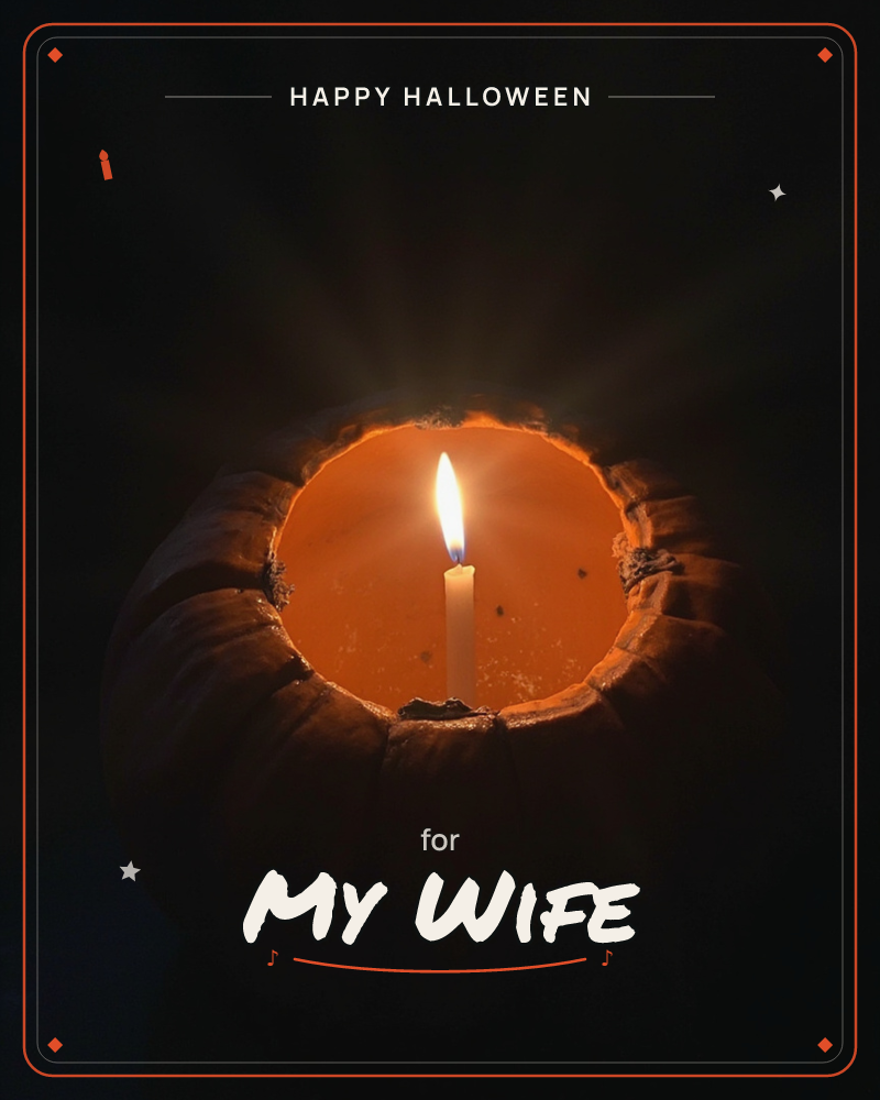 A single white candle burns inside a hollowed-out pumpkin, its flame casting warm rays across the glowing orange interior while everything beyond the…, a halloween e-card design