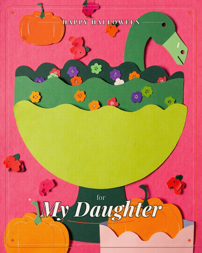 A paper-cut goose-shaped bowl holds a heap of tiny cut-paper flowers in orange, purple, red and cream, set on a hot pink background scattered with…, a halloween e-card design