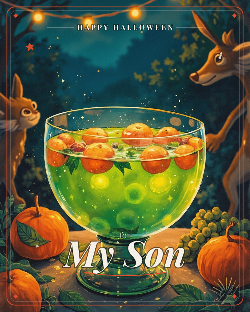 A glowing bowl of green punch sits on a wooden table under a string of fairy lights, orange fruit and berries floating on its glittering surface, a halloween e-card design