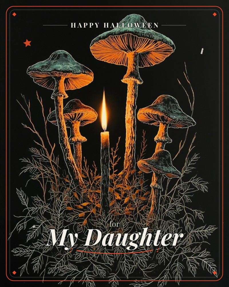 Against a deep black background, a cluster of tall mushrooms glows with orange-lit undersides and teal-green caps, as if lit from within by firelight, a halloween e-card design