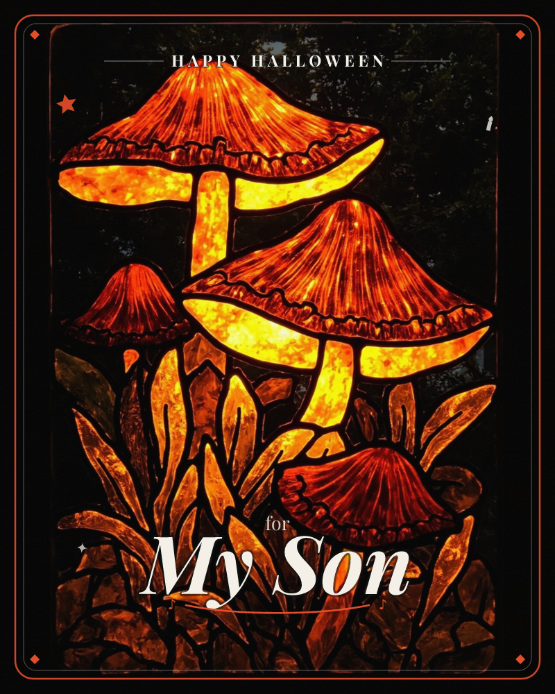 A stained-glass style panel glows against black, showing a cluster of tall mushrooms lit from within like embers, a halloween e-card design