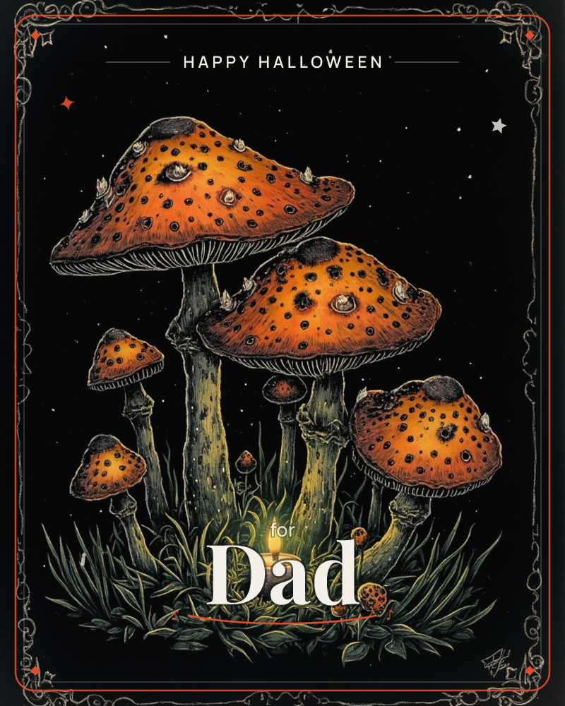 A cluster of speckled orange toadstools rises against a starry black night, their gilled undersides glowing pale against the dark, a halloween e-card design
