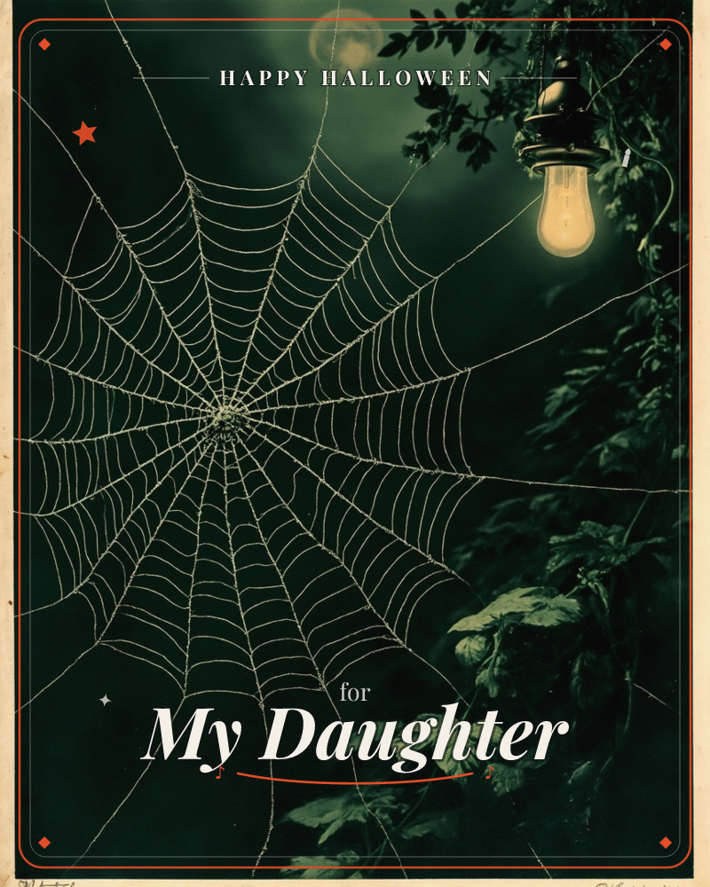 A large spiderweb glows faintly against a dark, misty green backdrop, its threads catching light from a bare bulb hanging amid tangled vines and leaves, a halloween e-card design