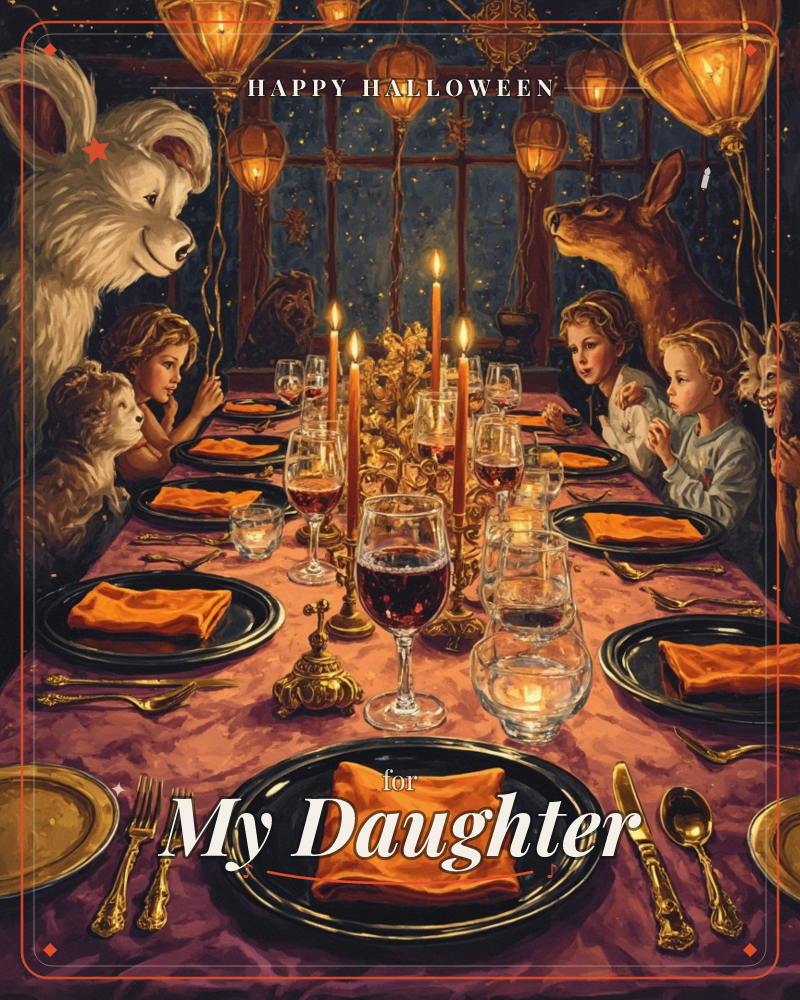A long banquet table glows under strings of paper lanterns, set with black plates, orange napkins, gold cutlery and tall candles reflected in wine glasses, a halloween e-card design