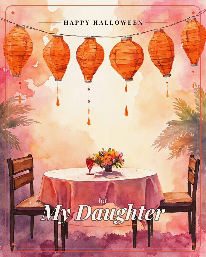 A string of six orange paper lanterns hangs above a small round table set for two, draped in a blush pink cloth with a posy of flowers and a single…, a halloween e-card design