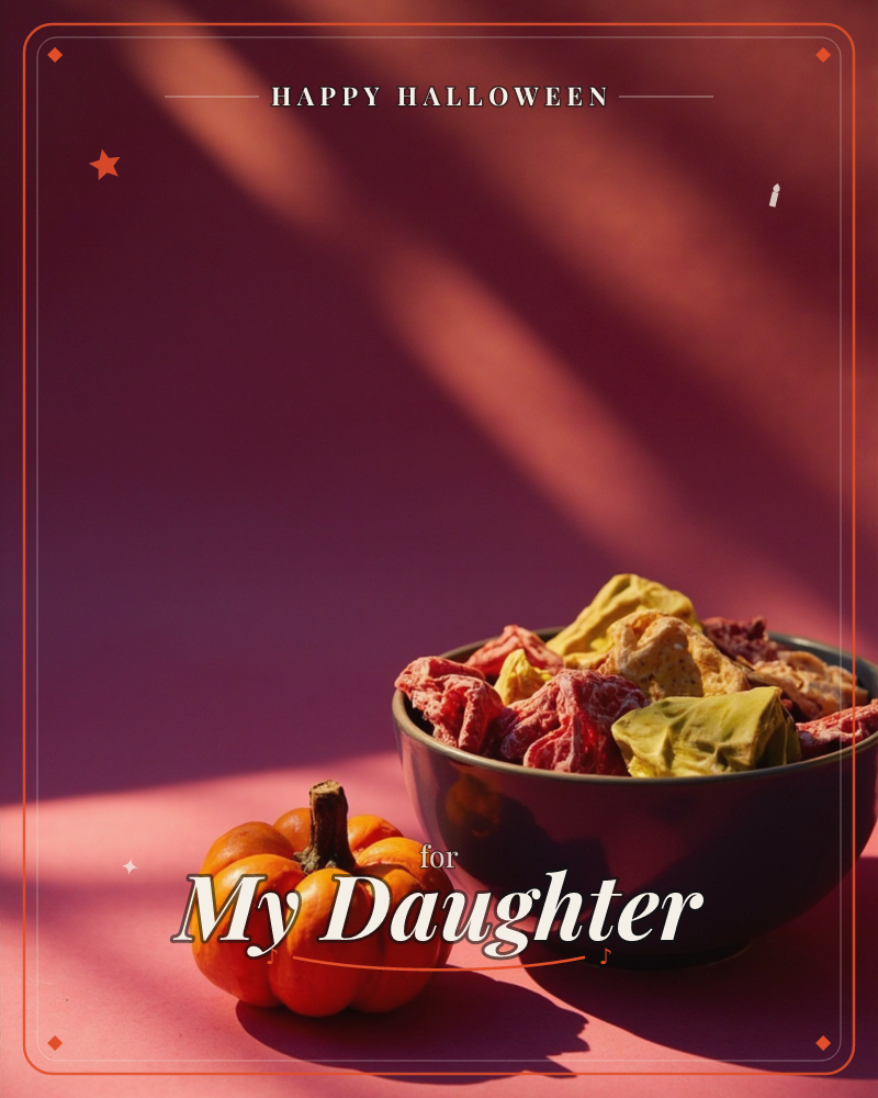 A small orange pumpkin sits beside a dark bowl heaped with dried fruit crisps in yellow, red, and gold, all set against a deep pink-red backdrop, a halloween e-card design
