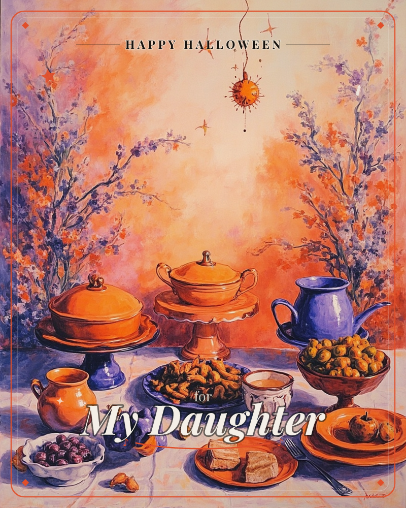 A festive tabletop spread glows in warm orange and violet light, with covered dishes on pedestal stands, a blue pitcher, bowls of fruit and nuts, and a…, a halloween e-card design